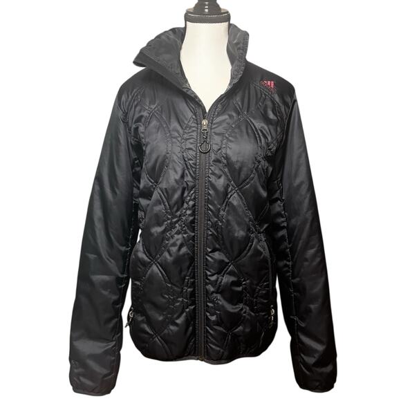 Adidas Jacket Womens Medium Logo Lightweight Quilted Outdoor Sporty Black Coat - Picture 1 of 12